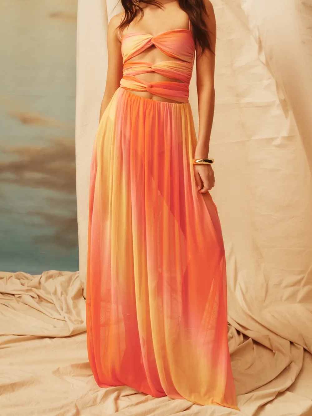 Agua Bendita RTR Meeg Cutout Maxi Dress XS Sunset Ombre Twist Front Resort Gown